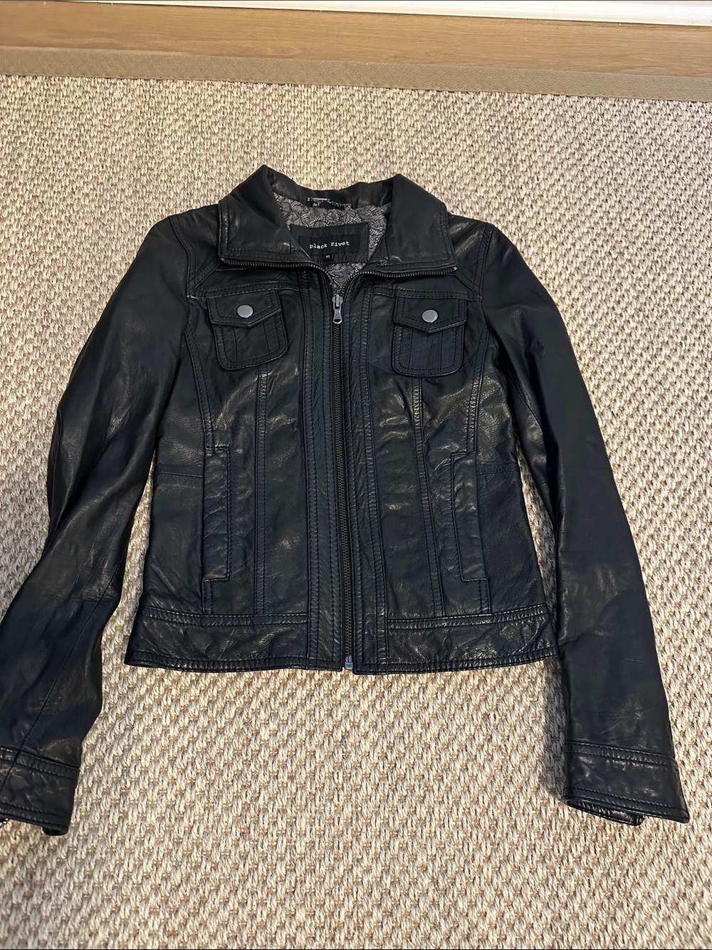 Black Rivet Women's Black Leather Zip Jacket with Chest Flaps